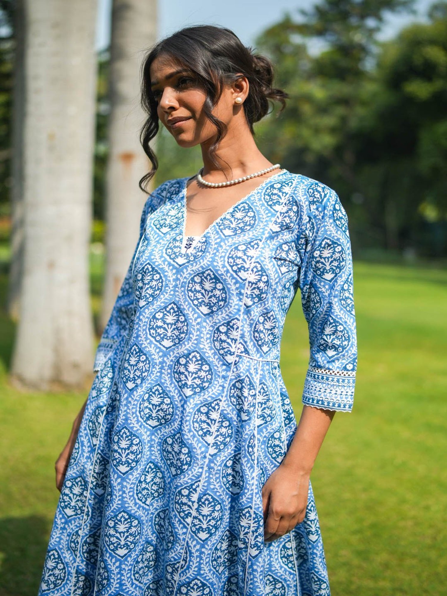 Akiso Blue Hand Block Printed Flared Kurta Set With Hand Embroidery Detail ( Set Of 2 )