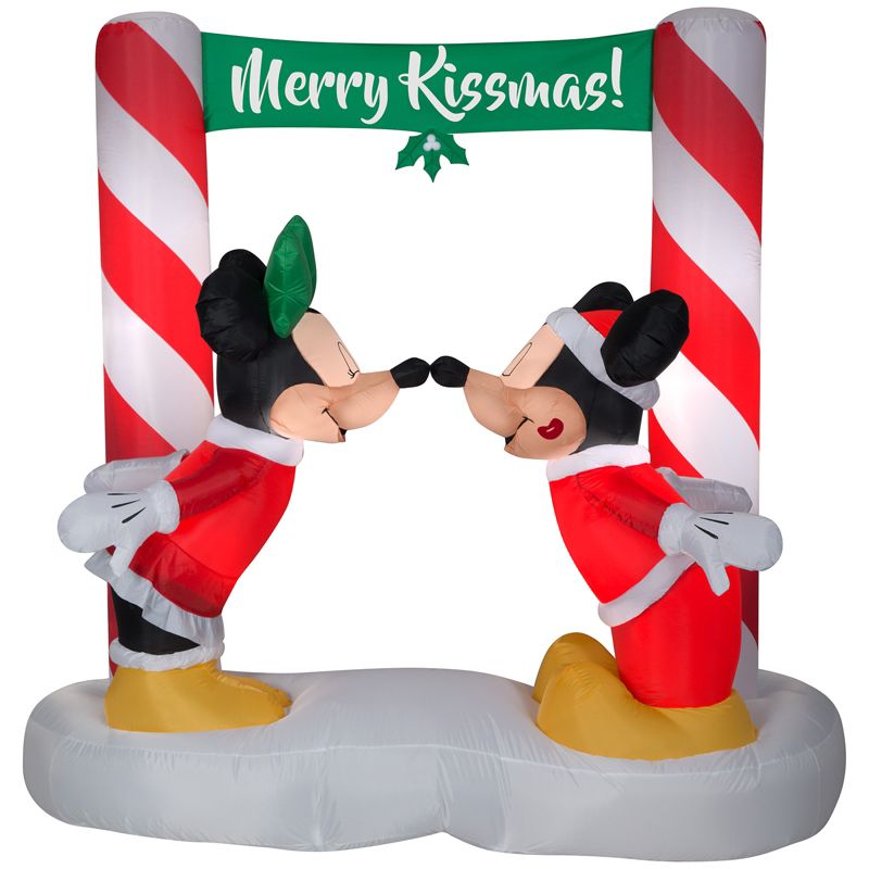 Gemmy Airblown Inflatable Mickey and Minnie Kissing Under Mistletoe Banner Scene Disney, 5.5 ft Tall