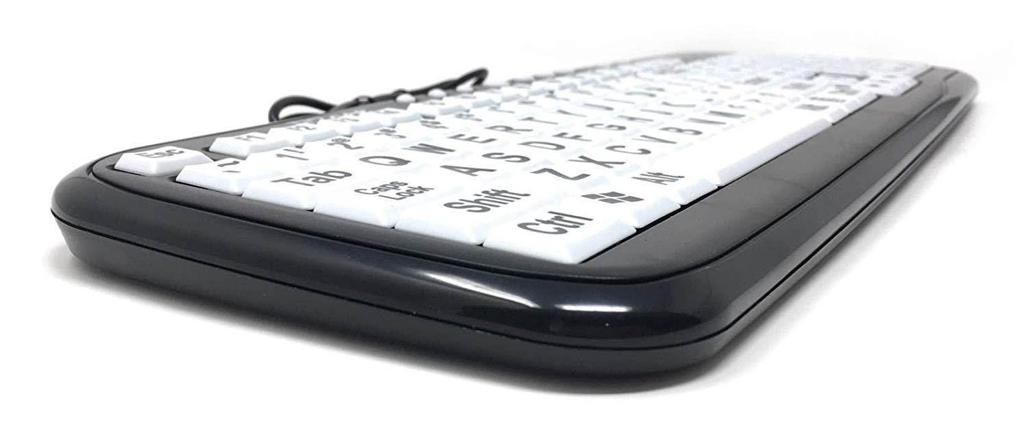 Large Print EZSee by DC - New Improved - USB Wired Computer Keyboard for Low Vision Users- White Keys with Black Letters Bundled With Battery Free Wireless Mouse & Magic Pad