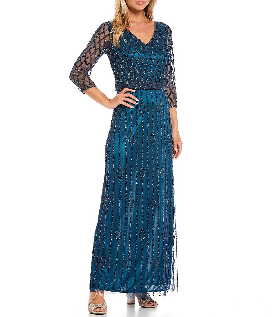 Kay Unger Long Bishop Sleeve V-Neck Crepe A-Line Dress