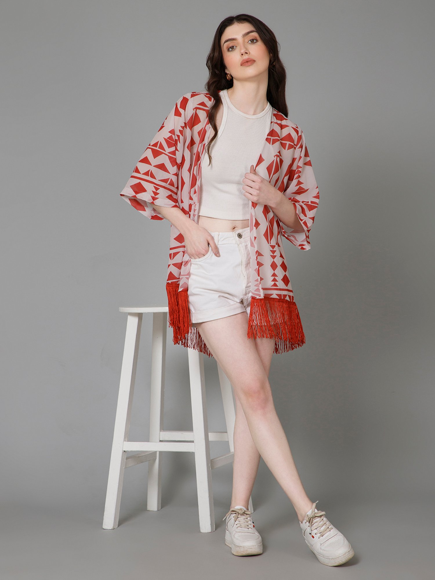 PURYS White & Red Printed Kimono