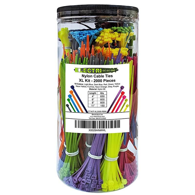 Nylon Cable Tie Kit 2000 Zip Ties Multi Color Blue Red Green Yellow Fuchsia Orange Gray Purple Assorted Lengths 4quot 6quot 8quot 11quot