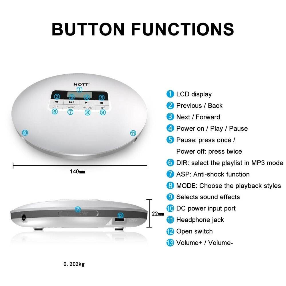 CD Player HOTT  Personal CD Player with Headphone Jack, Anti-Skip/Shockproof Protection Compact CD Music Player