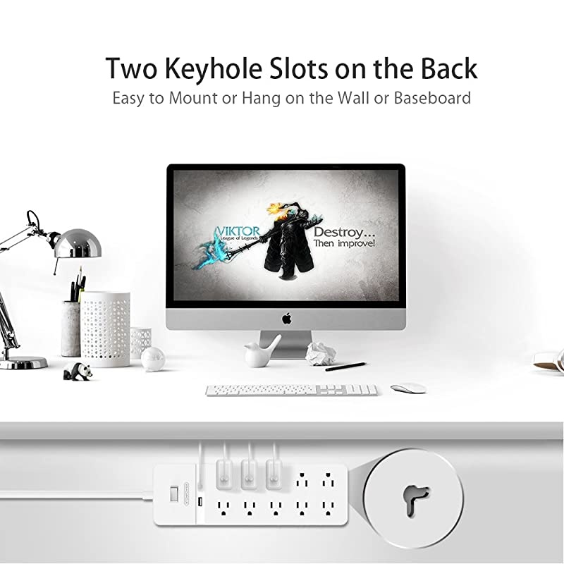 Protector Power Strip NTONPOWER 10 Outlets Power Strip with 2 USB Ports Power Strip Flat Plug 5ft HeavyDuty Extension Cord 15A Circuit Breaker Wall Mount for Home and Office White