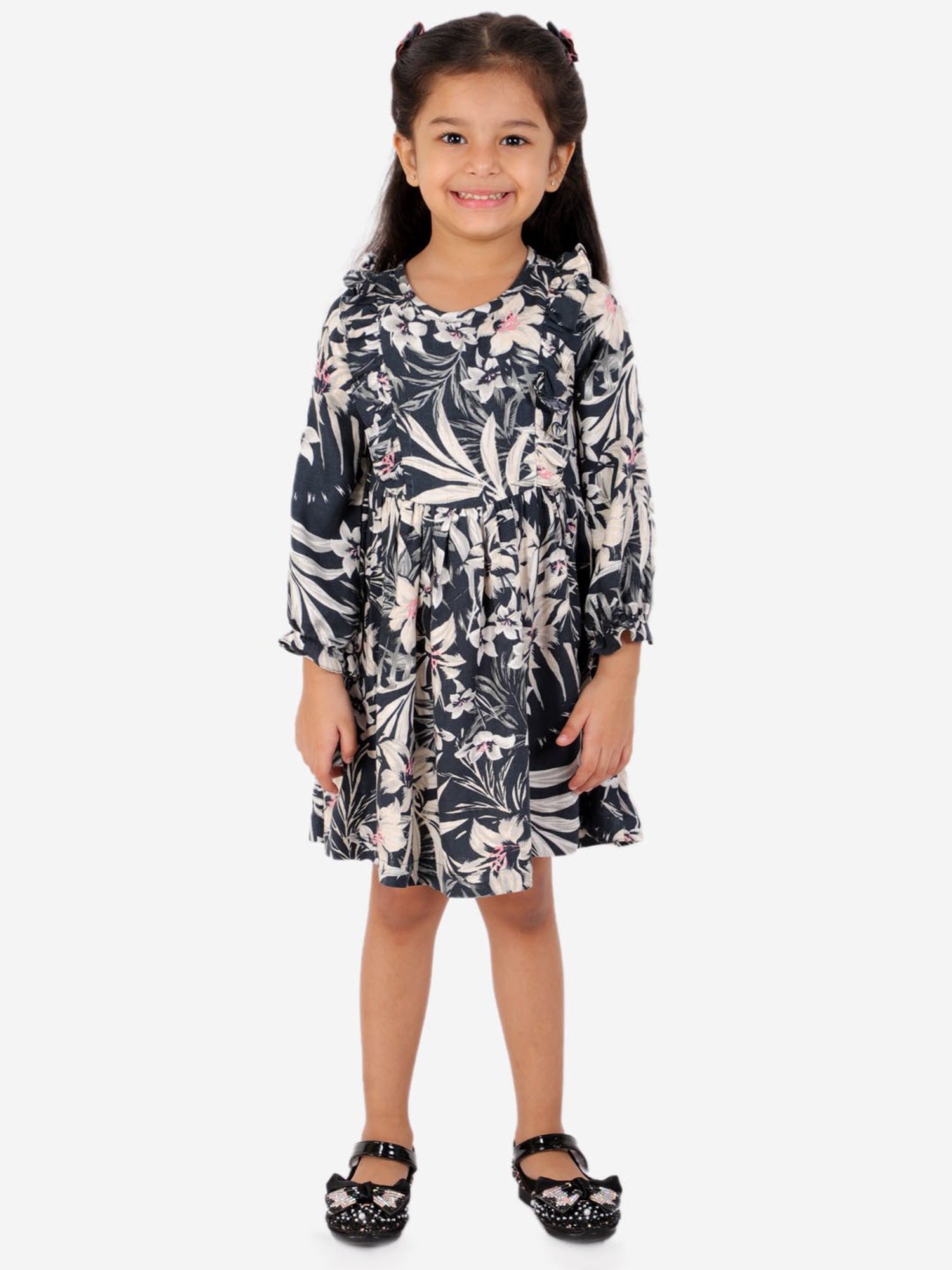 Lil Drama Kids Navy Floral Print Full Sleeves Dress