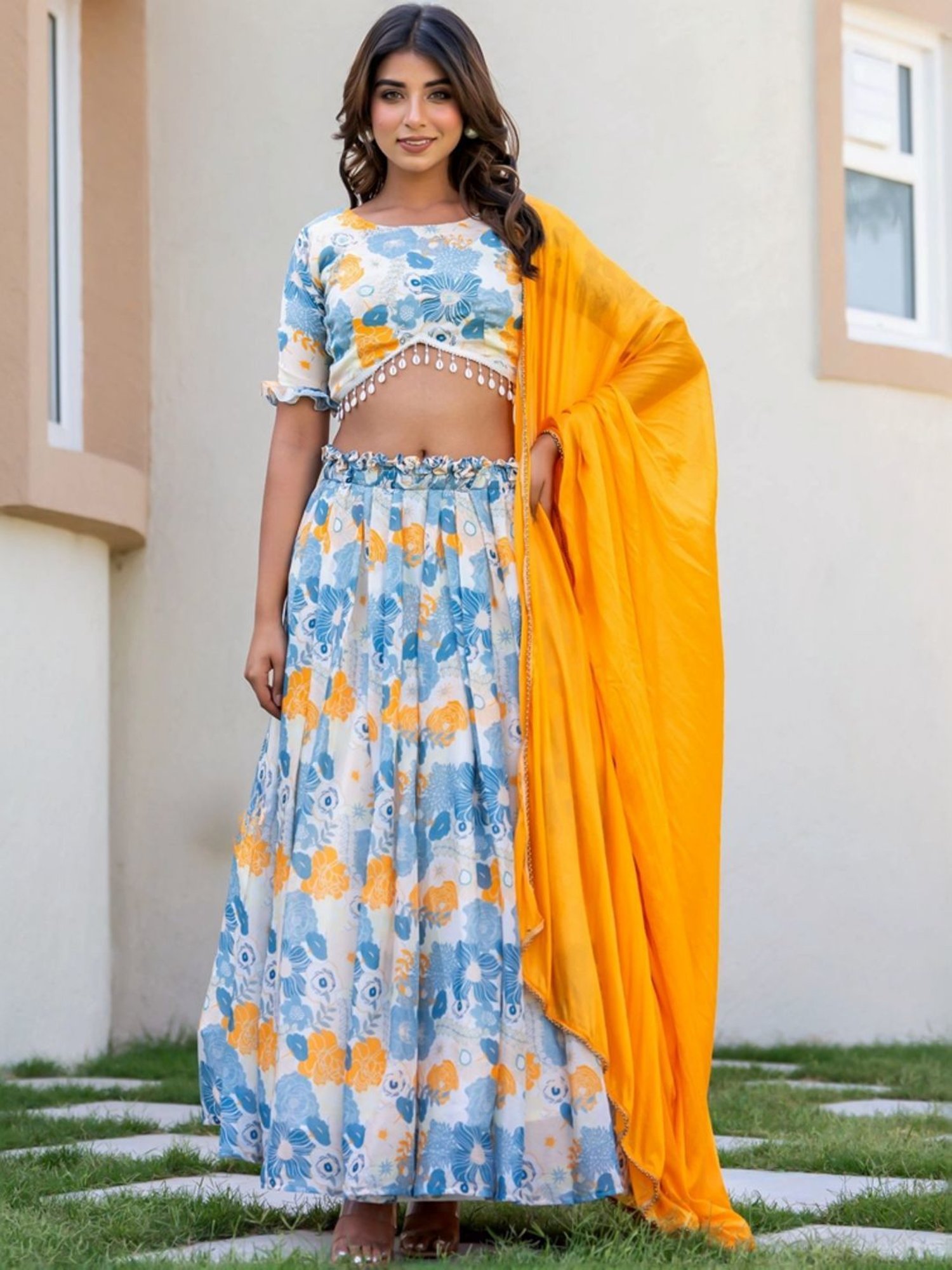 HOUSE OF JAMOTI Blue Printed Lehenga Choli Set With Dupatta