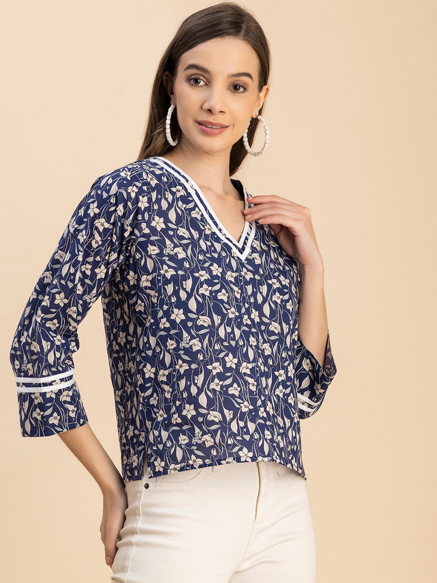 Moomaya Navy Cotton Printed Top