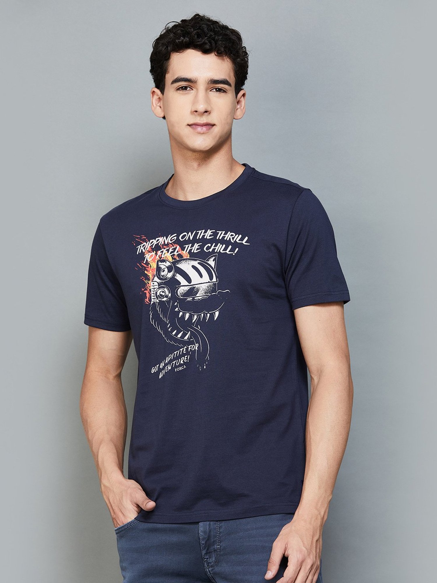 Forca by Lifestyle Navy Regular Fit Graphic Print Crew T-Shirt
