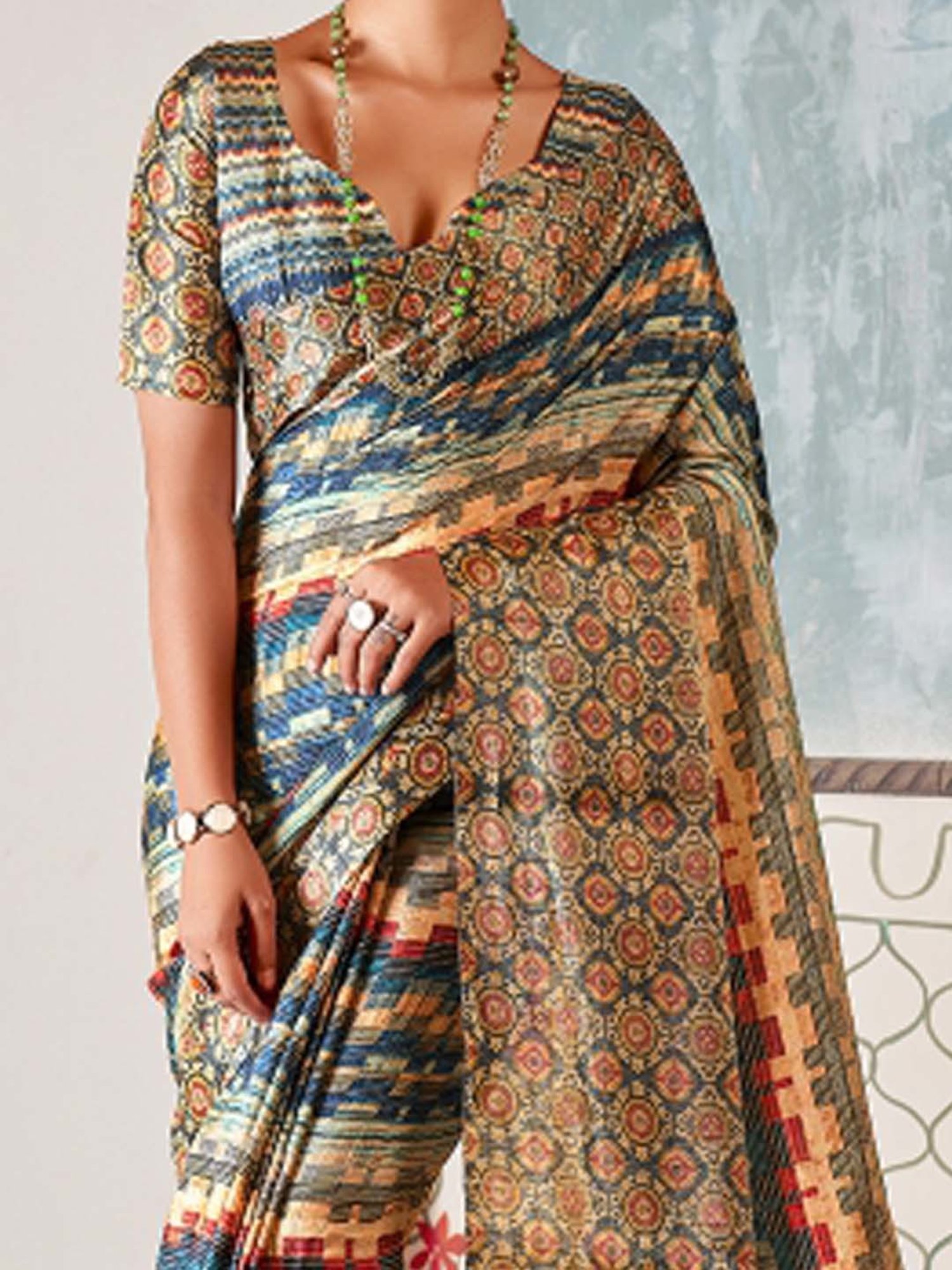 Saree Mall Blue & Brown Printed Saree With Unstitched Blouse