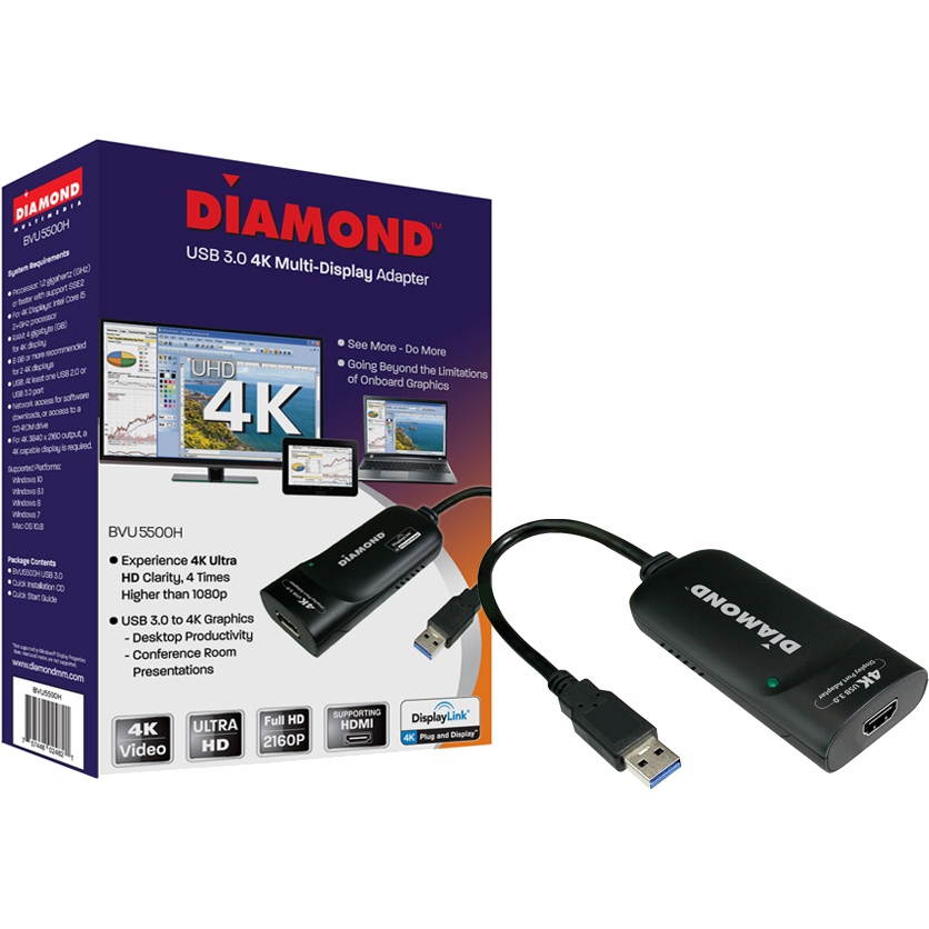 Diamond BVU5500H Uga Usb 3.0/2.0 To Ultra Hd 4k 3840 X 2160 Hdmi Video Graphics Adapter.