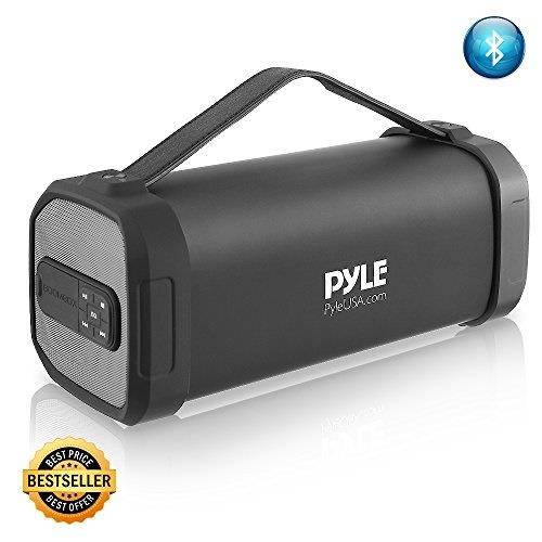 pyle wireless portable bluetooth speaker  150 watt power rugged compact audio sound box stereo system with rechargeable battery, 3.5mm aux input jack, fm radio, mp3, micro sd and usb reader  pbmsqg9