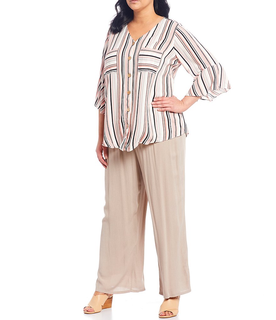 I.N. Studio Plus Size Solid Crepon Pull-On Wide Leg Pants