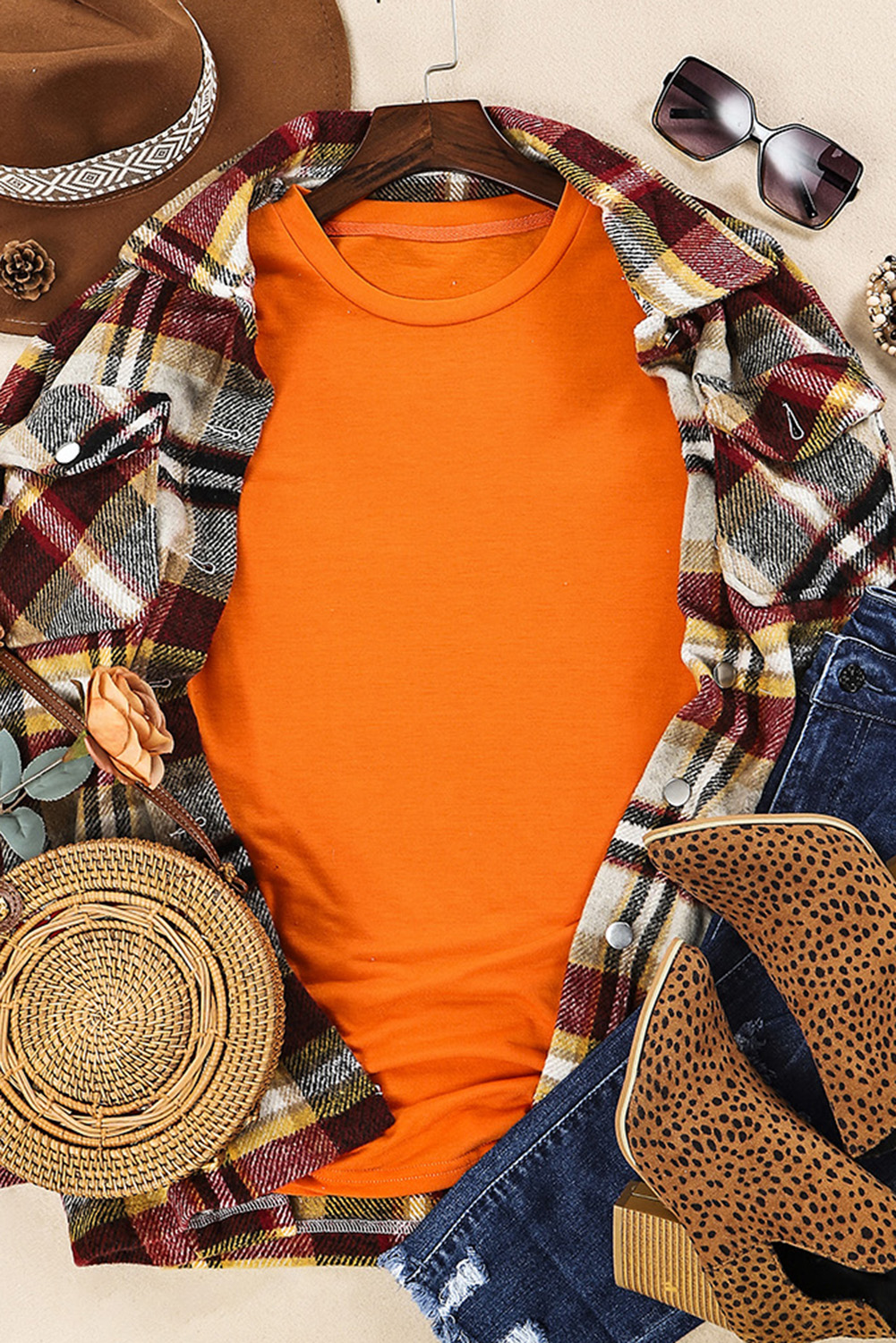 Blank T Shirt - Orange Crewneck Rolled Up Short Sleeve Plain T-Shirt Customized