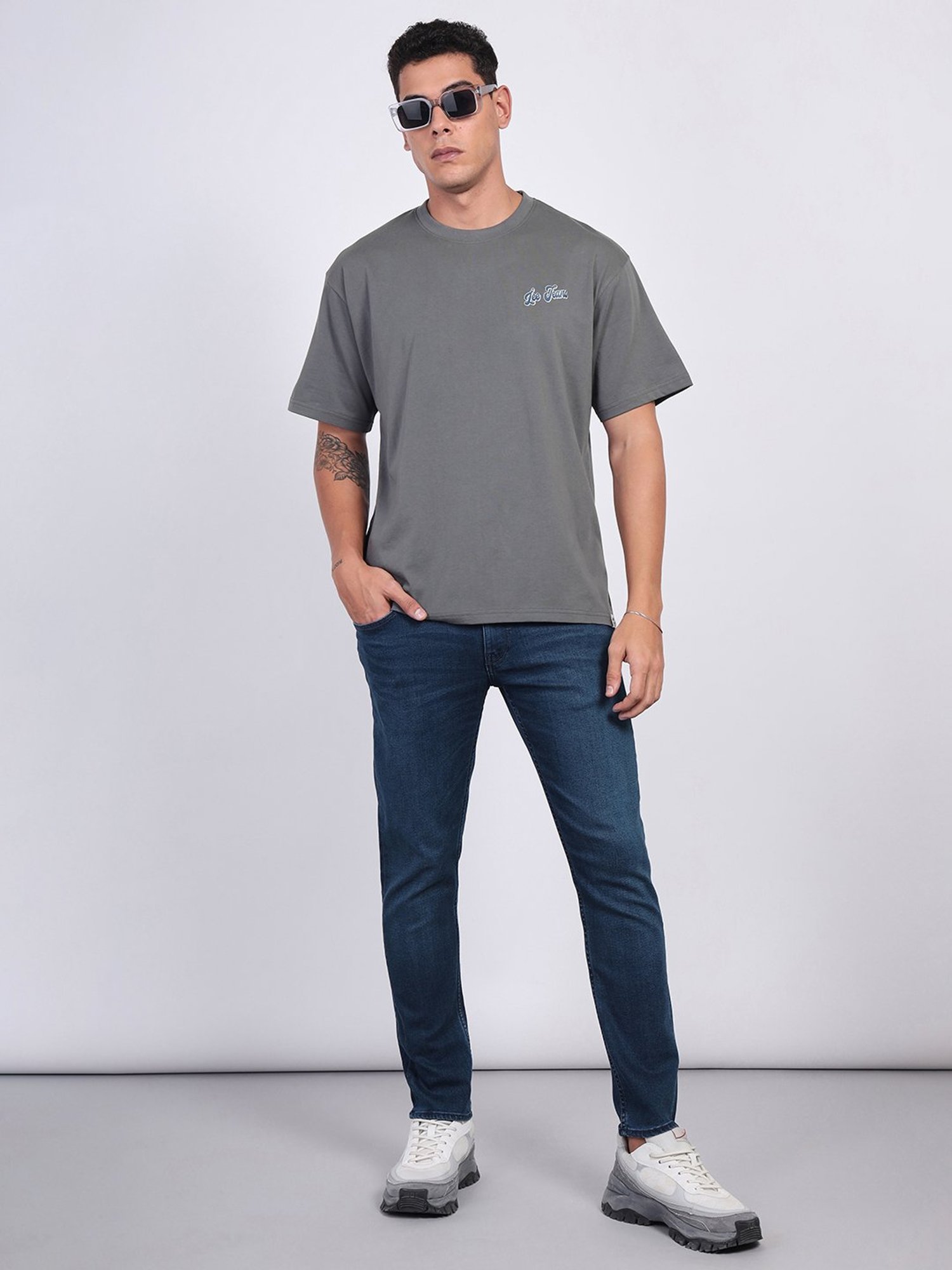 Lee Grey Loose Fit Printed Cotton Oversized Crew T-Shirt