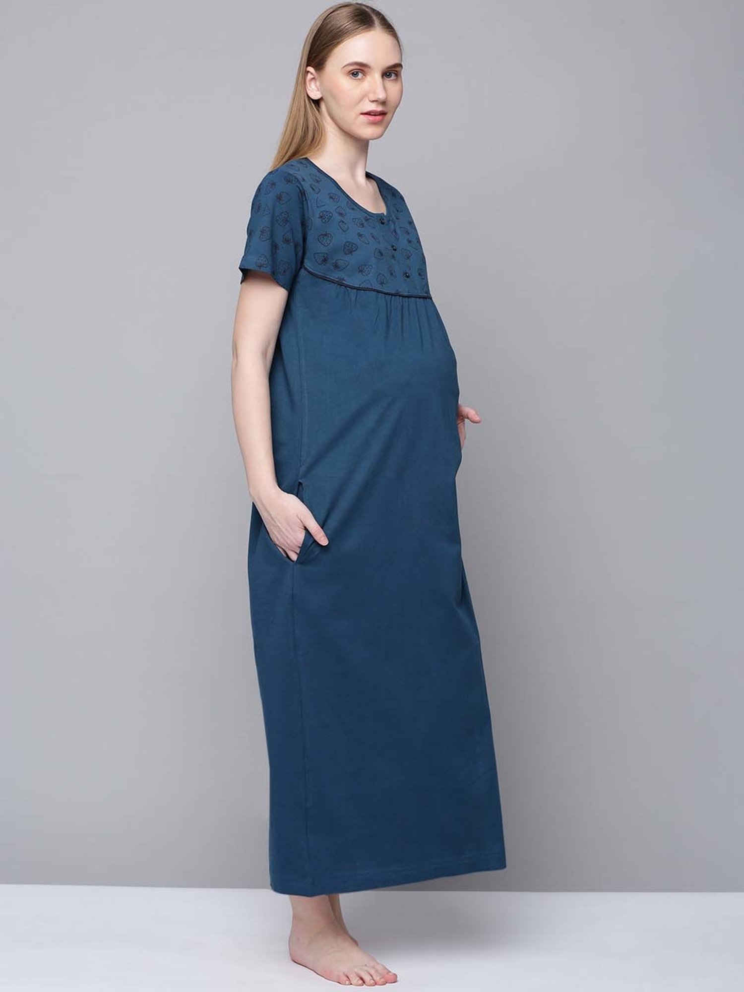 Kryptic Blue Cotton Printed Maternity Nightdress