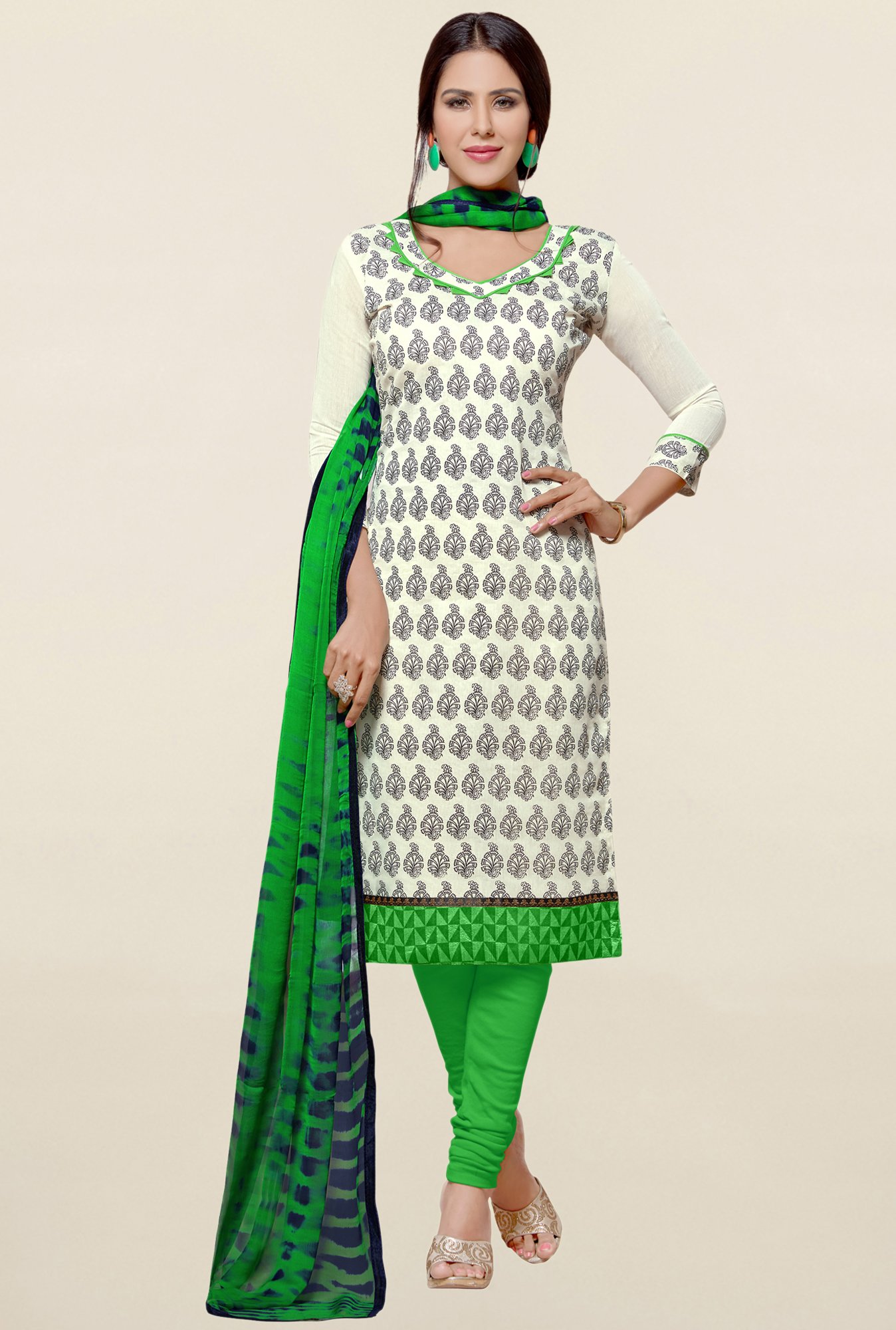 Saree Mall Off White & Green Printed Cotton Dress Material