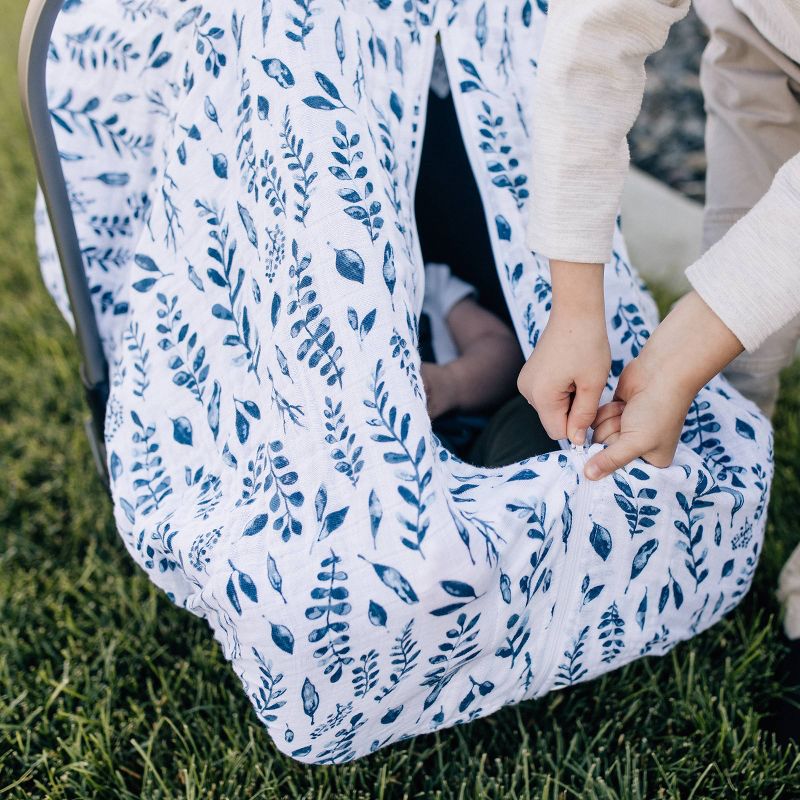 Bebe au Lait Muslin Car Seat Cover - Blue Leaves