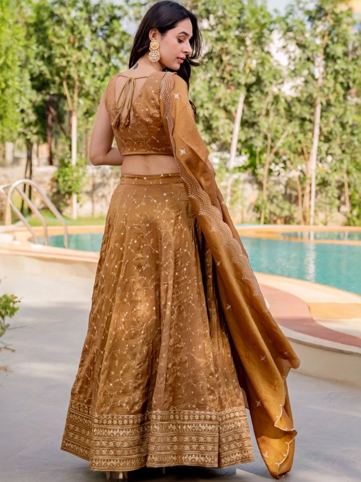HOUSE OF JAMOTI Brown Embroidered Lehenga Choli Set With Dupatta