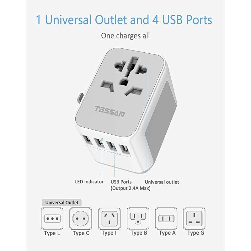 Universal Travel Adapter,  International Power Adaptor with 4 USB Outlets - Worldwide All in One Wall Charger for China USA Europe EU UK Thailand Japan Australia (Type G/C/A/I)