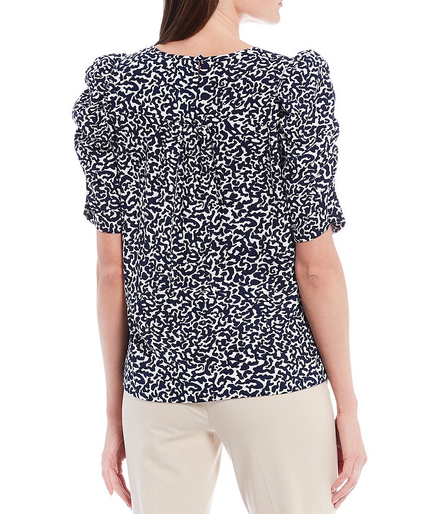 Gibson & Latimer Round Neck Puff Shirred Short Sleeve Crepe Blouse