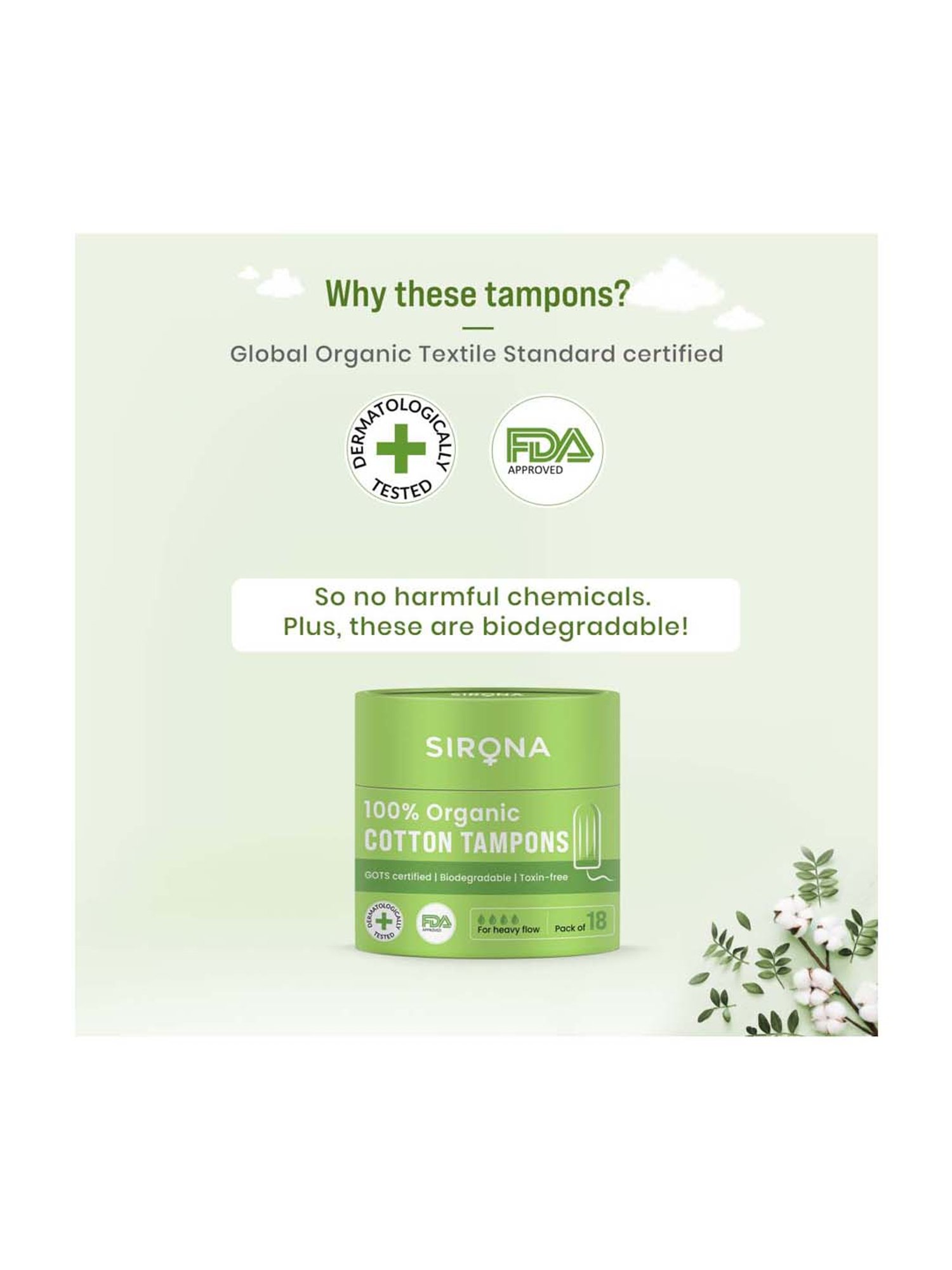 Sirona 100% Organic Cotton Tampons for Heavy Flow - 18 Pcs