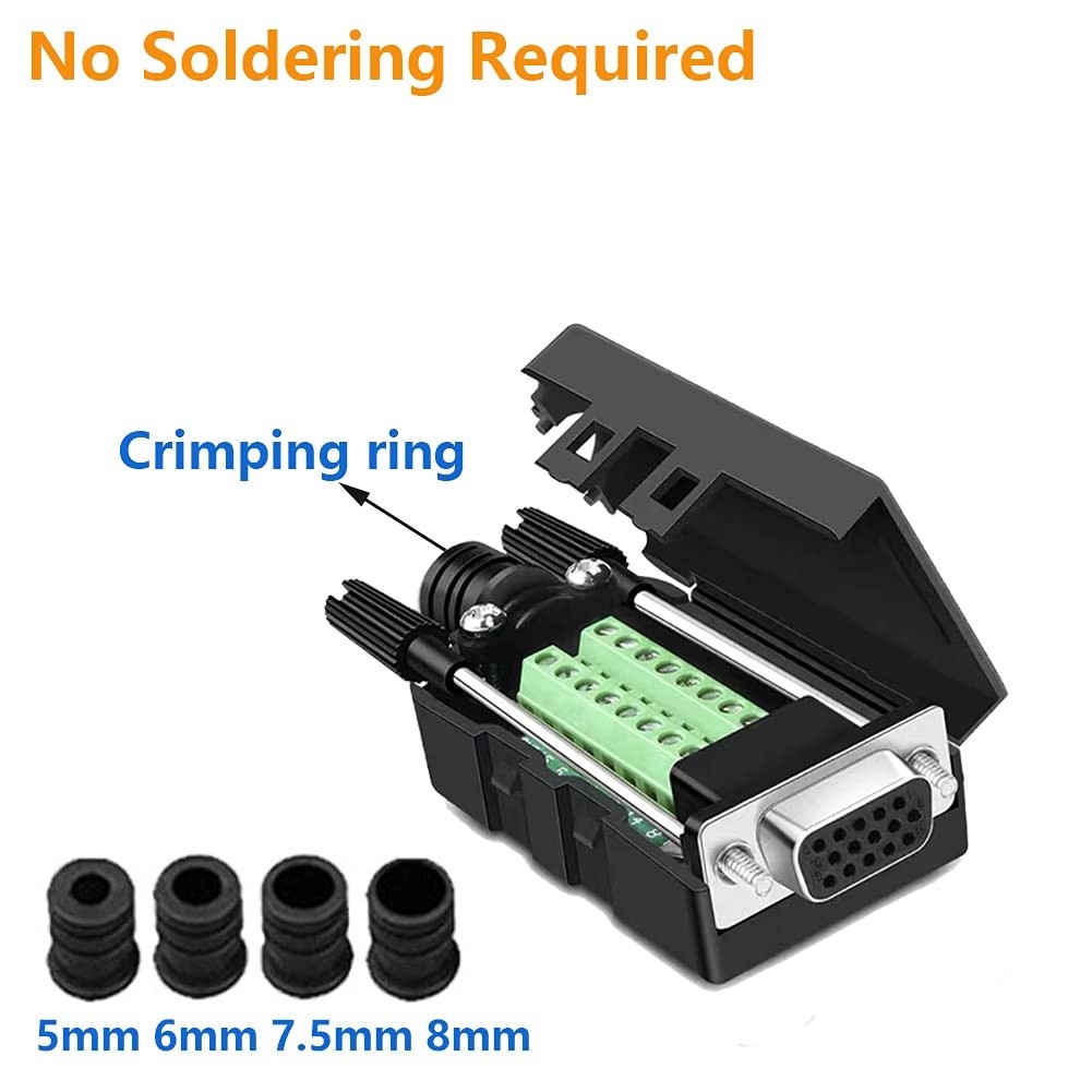 Jienk 4Packs VGA DB15 3 Row Solderless Male/Female Quick Connector 3+9 D-SUB 15 Pin Port Terminal Solderfree Breakout Connector Board with Case Accessories Long Bolts