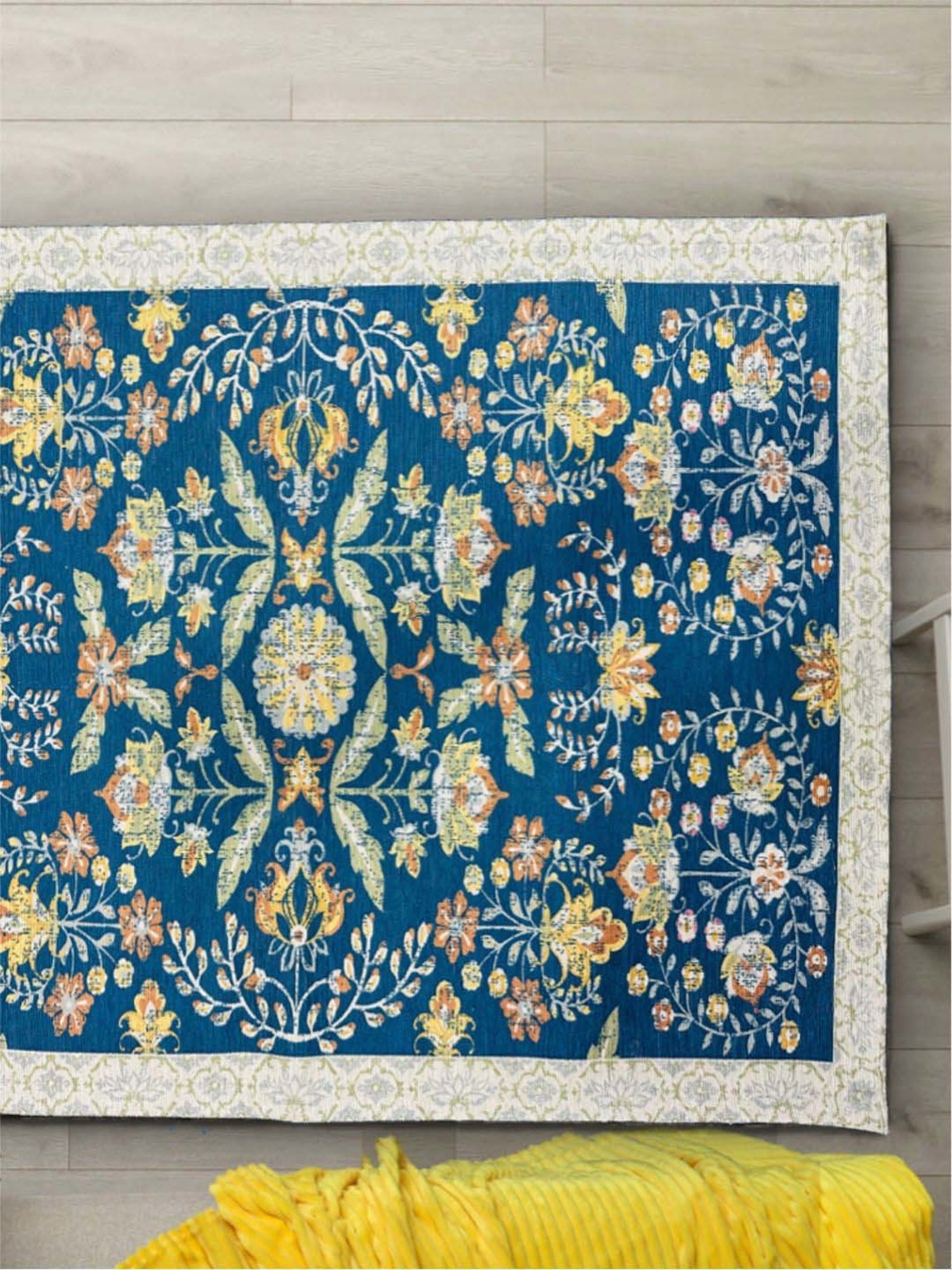 Urban Space Blue Chenille Ethnic Motifs Anti-Skid Carpet