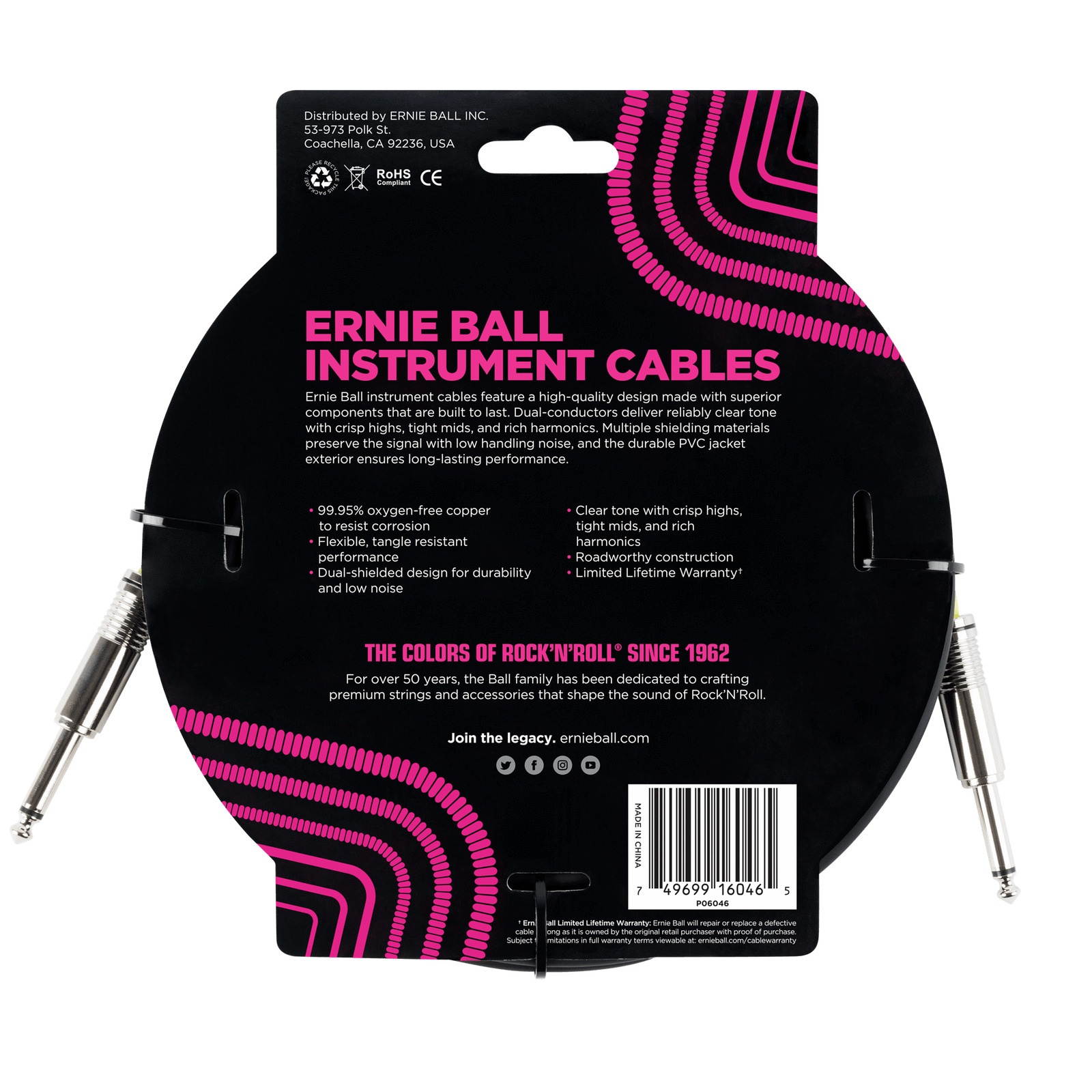 Ernie Ball 20' Straight / Straight Instrument Cable - Black 6046