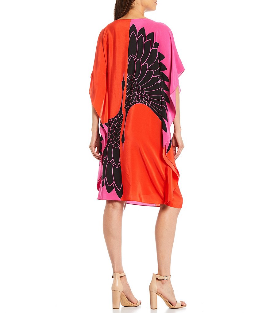 Trina Turk Global Boat Neck Short Sleeve Printed Silk Caftan Dress