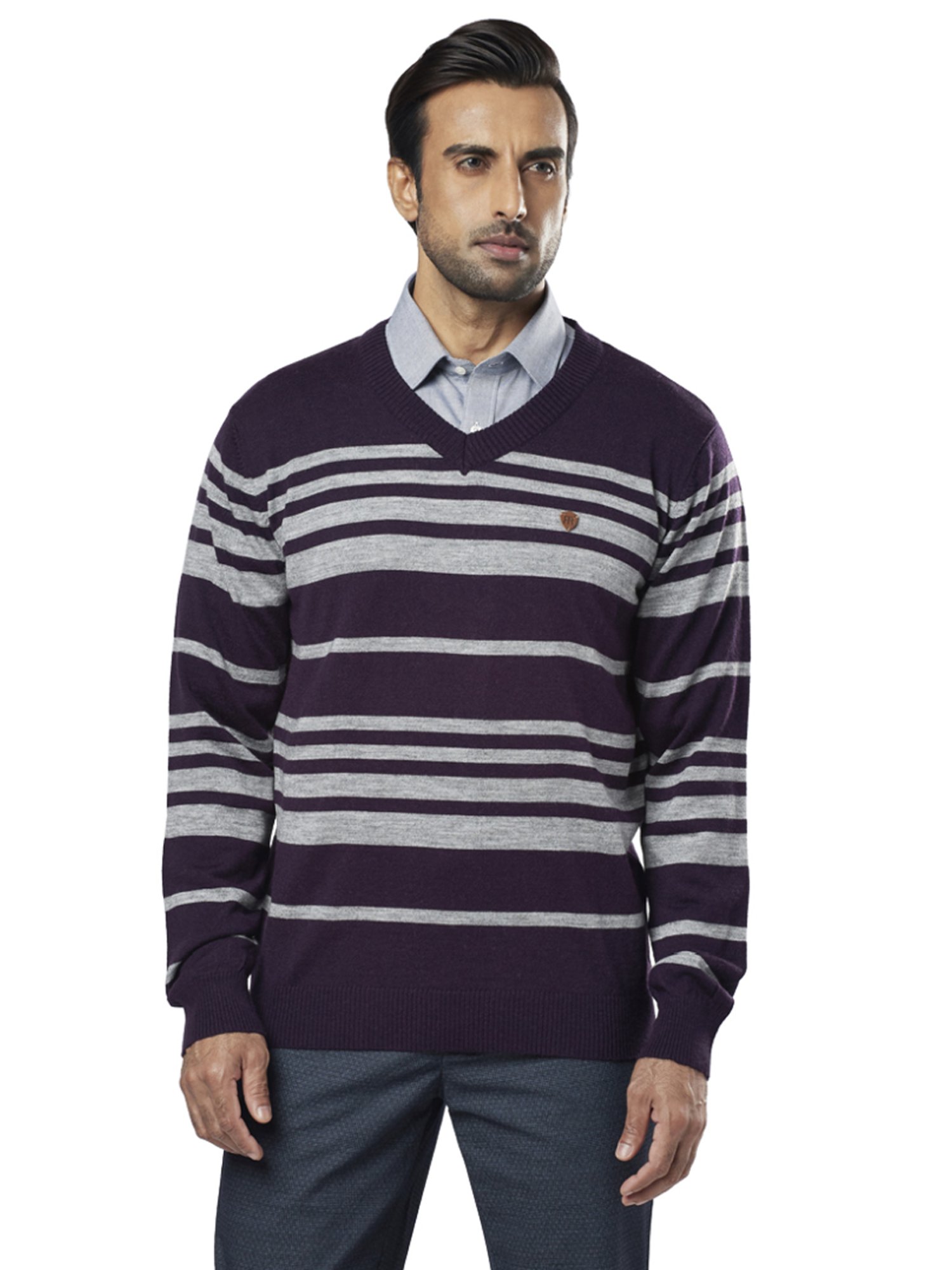Raymond Purple  Regular Fit Striped Sweaters