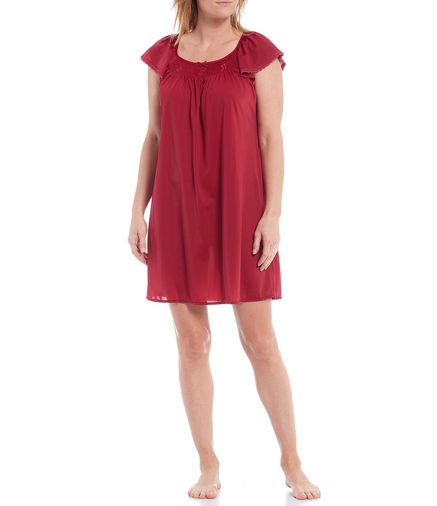 Miss Elaine Petite Silky Knit Square Neck Short Sleeve Checked Print Short Nightgown