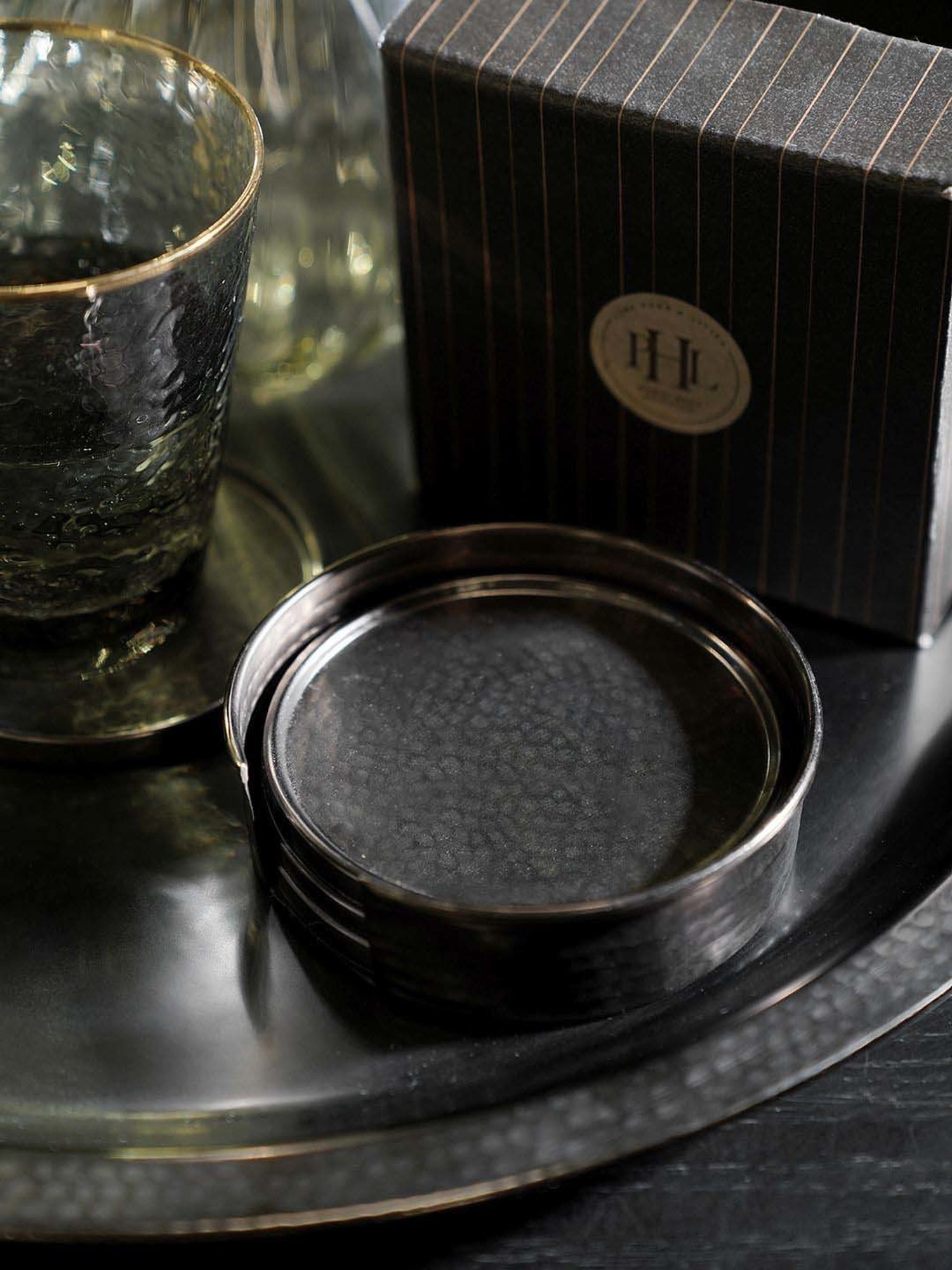 Pure Home and Living Grey Stainless Steel Matt Finish Hammered Coasters With Stand - Set of 4