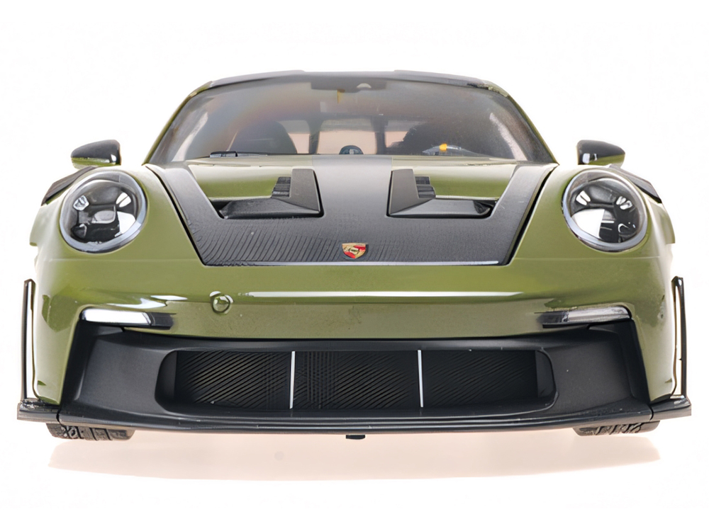 2024 Porsche 911 GT3 RS Nato Olive with Carbon Top and Hood Stripes Limited Edition to 400 pieces Worldwide 1/18 Diecast Model Car by Minichamps