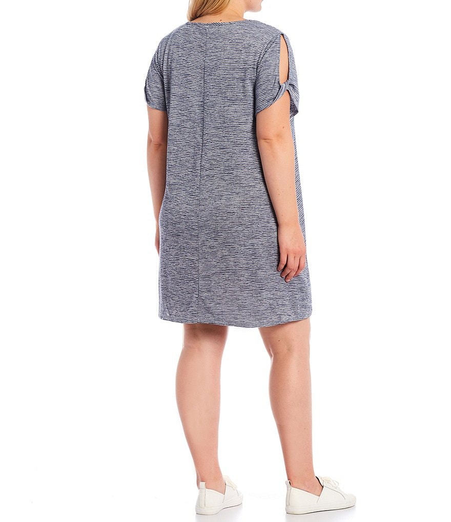 Ruby Rd. Plus Size Silky Knit Terry Space Dyed Stripe Scoop Neck Cold Shoulder Short Sleeve Dress