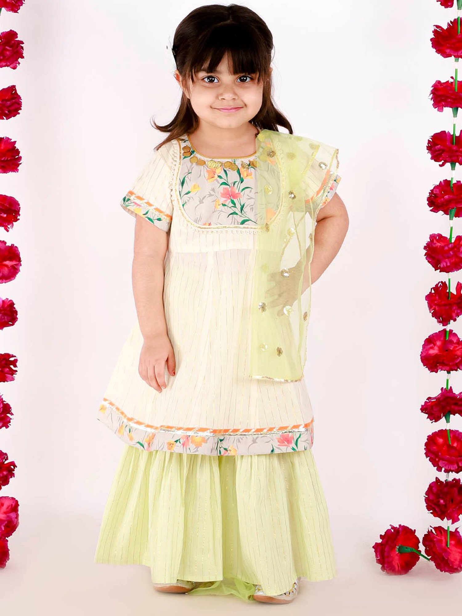Little Bansi Kids Green Striped Kurta, Sharara with Dupatta