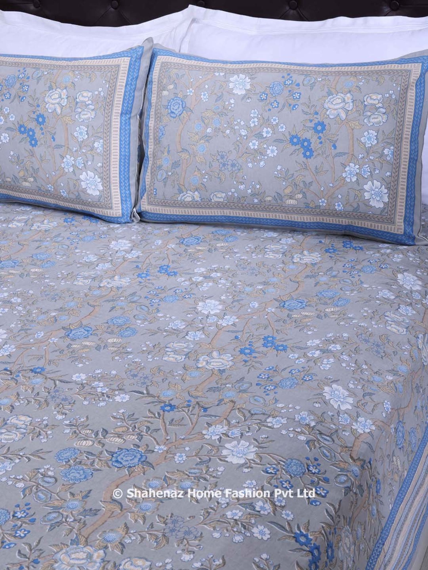 Shahenaz Blue & Grey 120 TC Cotton Rama Kashvi Single Bedsheet with 1 Pillow Cover