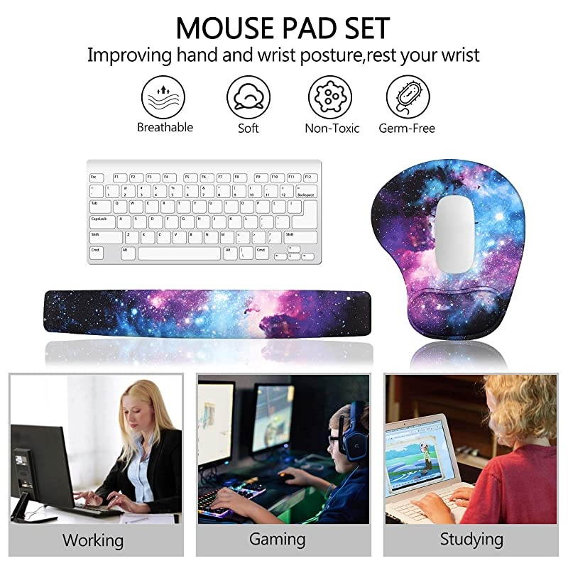 Ergonomic Mouse Pad Wrist Support and Keyboard Wrist Rest Pad Set with Non-Slip Backing Memory Form-Filled, Easy-Typing and Pain Relief for Gaming Office Computer Laptop (Blue Galaxy)