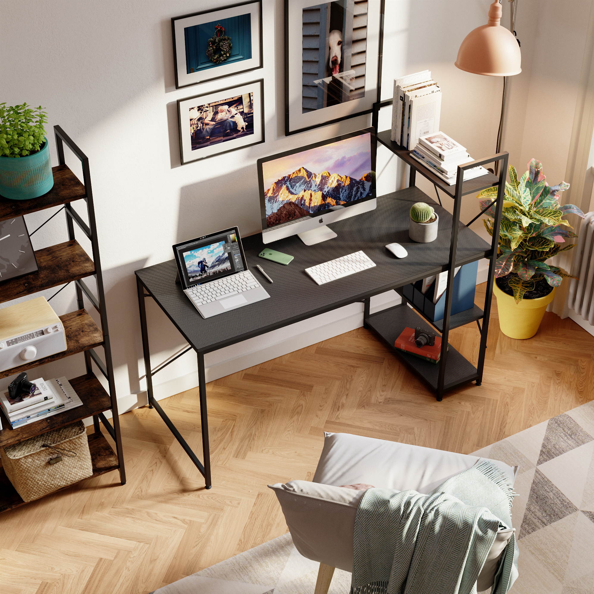 Bestier 63 Inch Computer Desk with Storage Shelves, Modern Bookshelf Desk with Headphone Hook Large Workstation Writing Desk with Reversible Bookshelves Home Office Work Table Study Desk Grey