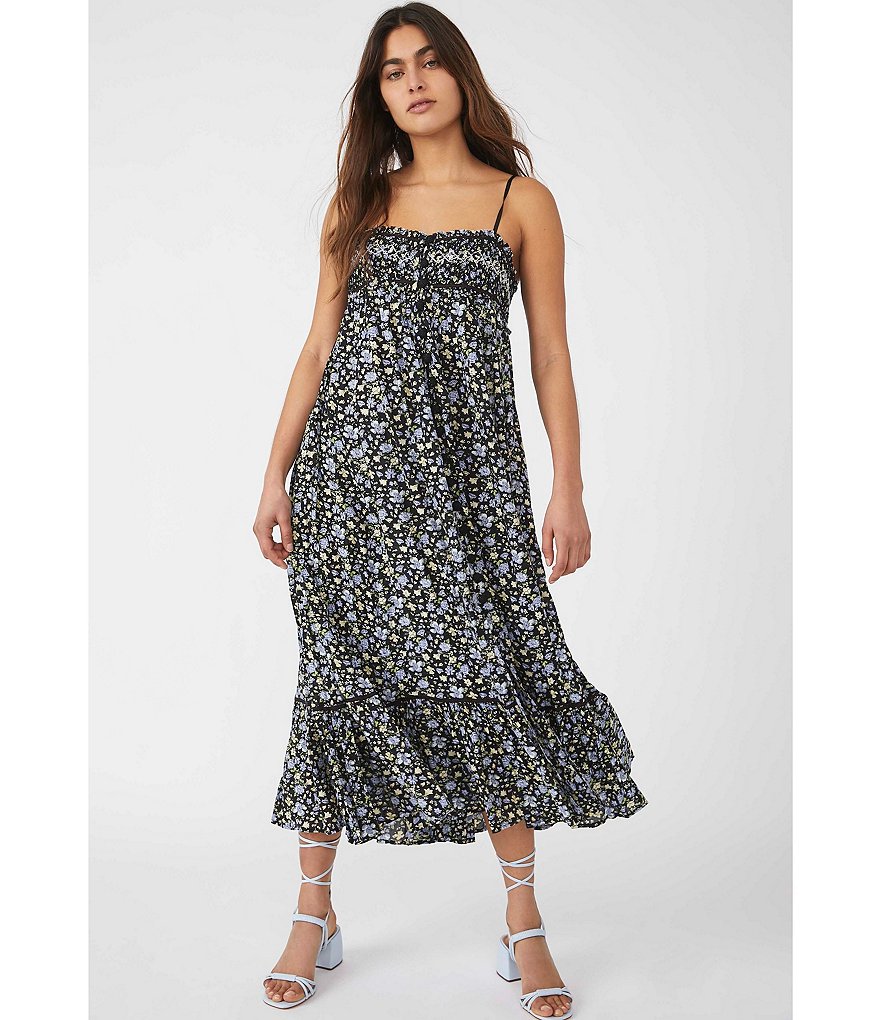 Free People Molly Jo Floral Print Sweetheart Neck Contrast Trim Sleeveless Ruffle Hem Button Front Midi Dress
