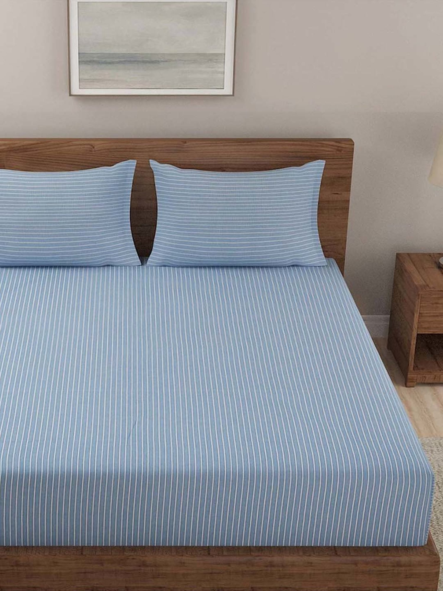 Fabindia Home Nile Blue Cotton 92 TC Double Bedsheet with 2 Pillow Covers