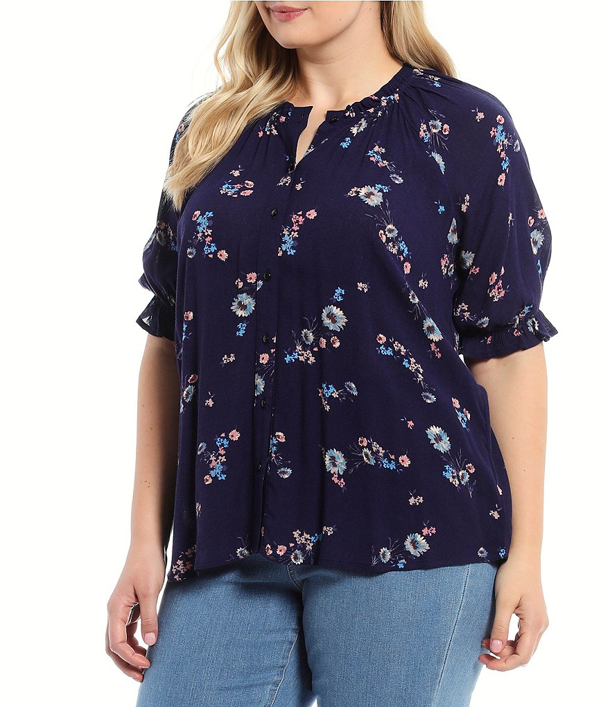 Bobeau Plus Size Navy Floral Print Ruffle Trim Split Round Neck Short Elbow Sleeve Button Down Top