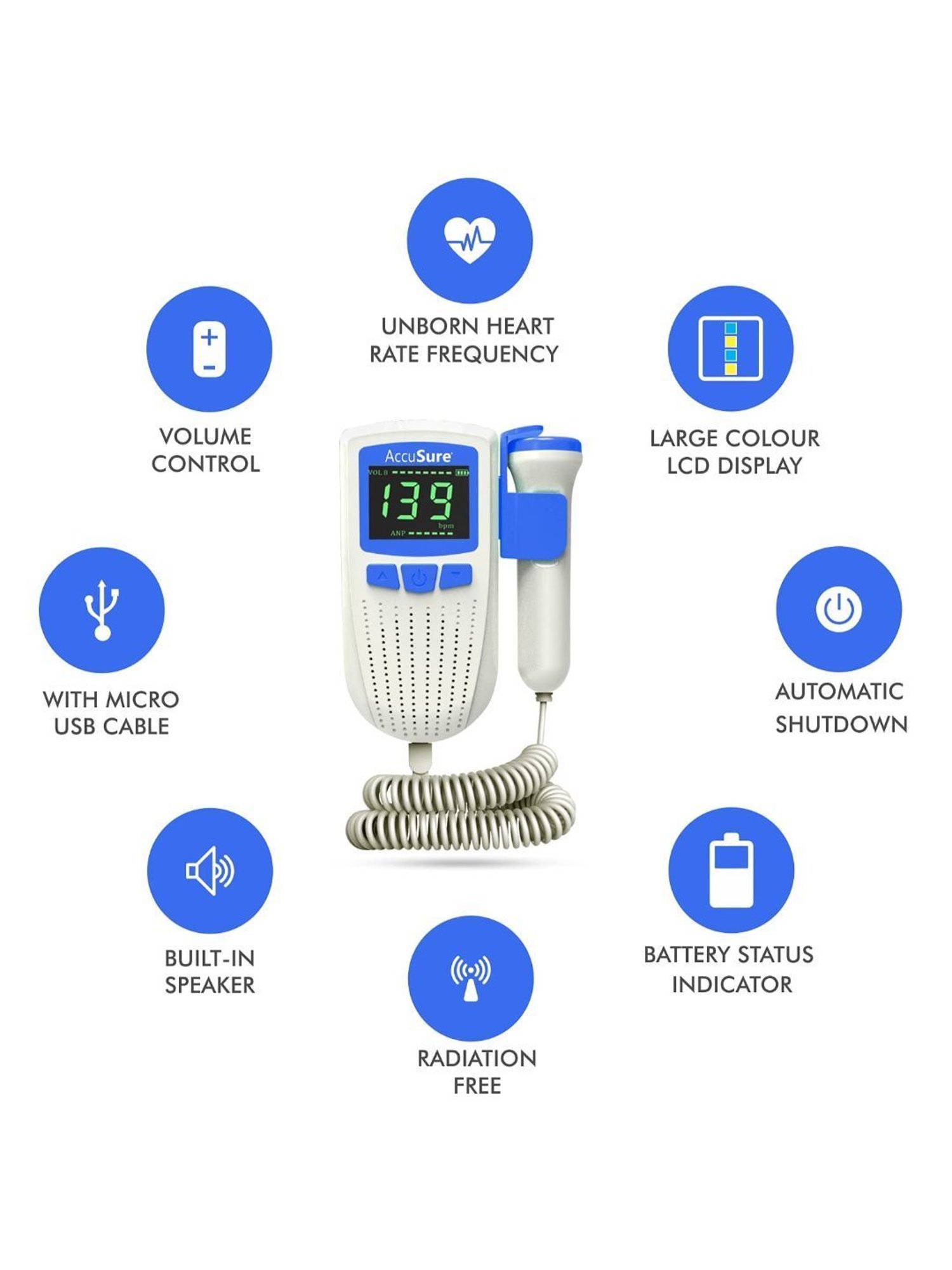 AccuSure Fetal Doppler for Doctors and Mothers with USB Charging (White)