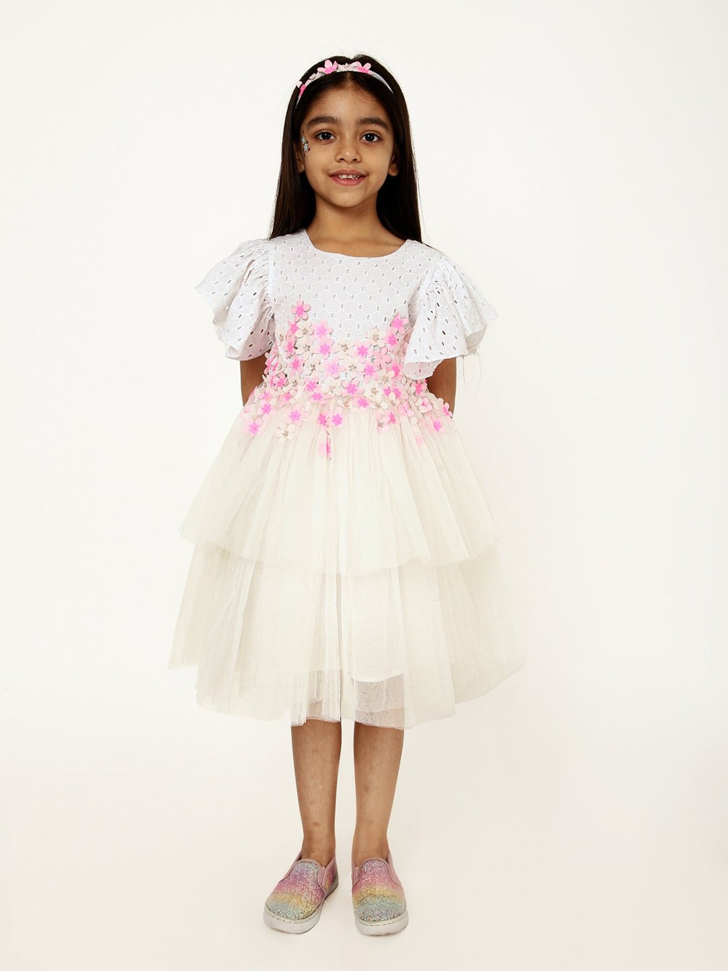 A Little Fable Girls White Applique Dress