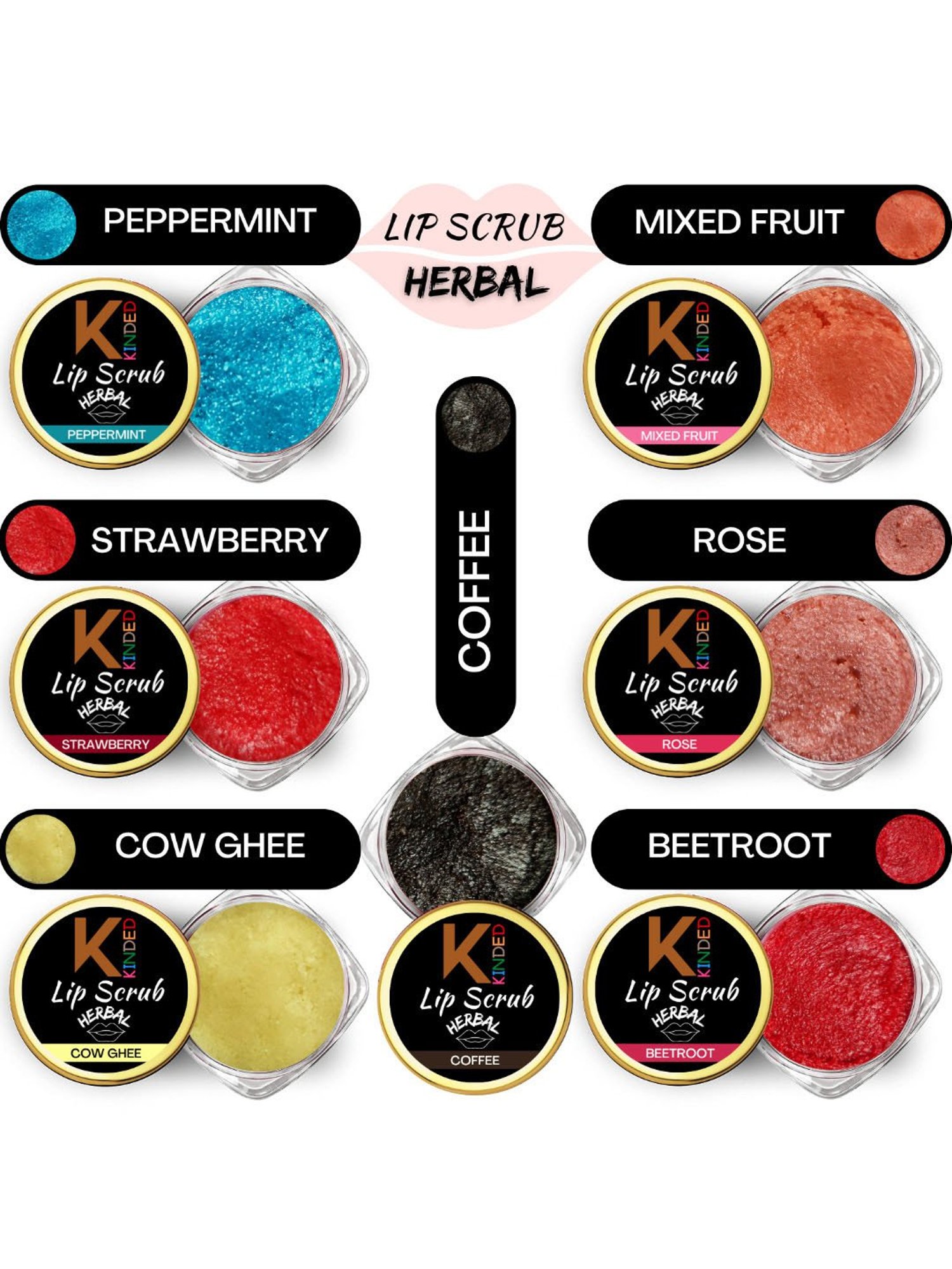 KINDED Herbal Lip Scrub Set, Pack of 7