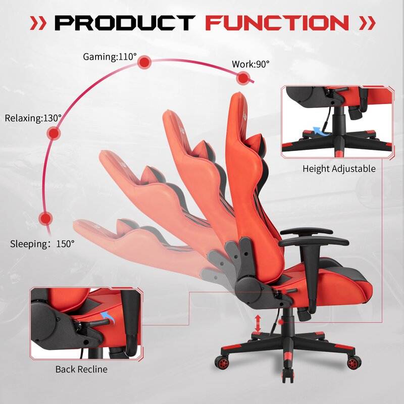 Furmax Gaming Office Chair Ergonomic High-Back Racing Style Adjustable Height Executive Computer Chair, PU Leather Swivel Desk Chair (Black/Grey)