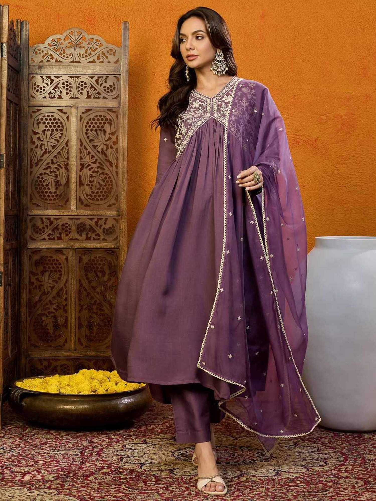 Vaamsi Purple Embroidered A-Line Dress With Dupatta