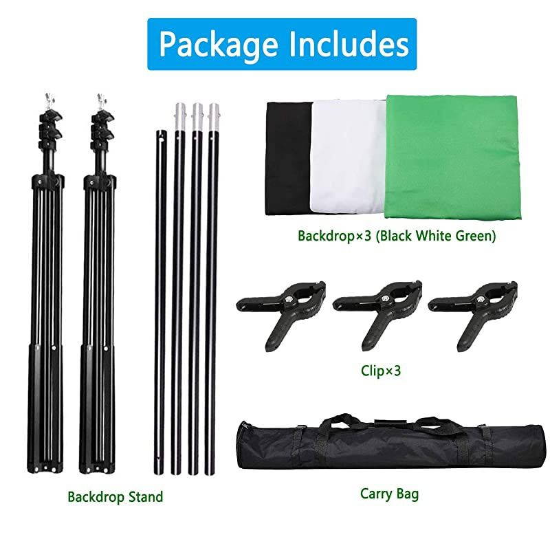 Photo Backdrop Stand,8 x 10ft Video Photography Backdrops Stand and 3 Colors (White Black Green) Photo Backdrop,Adjustable Photo Backdrop Stand Kit Support System with Carry Bag and 3 Clamps