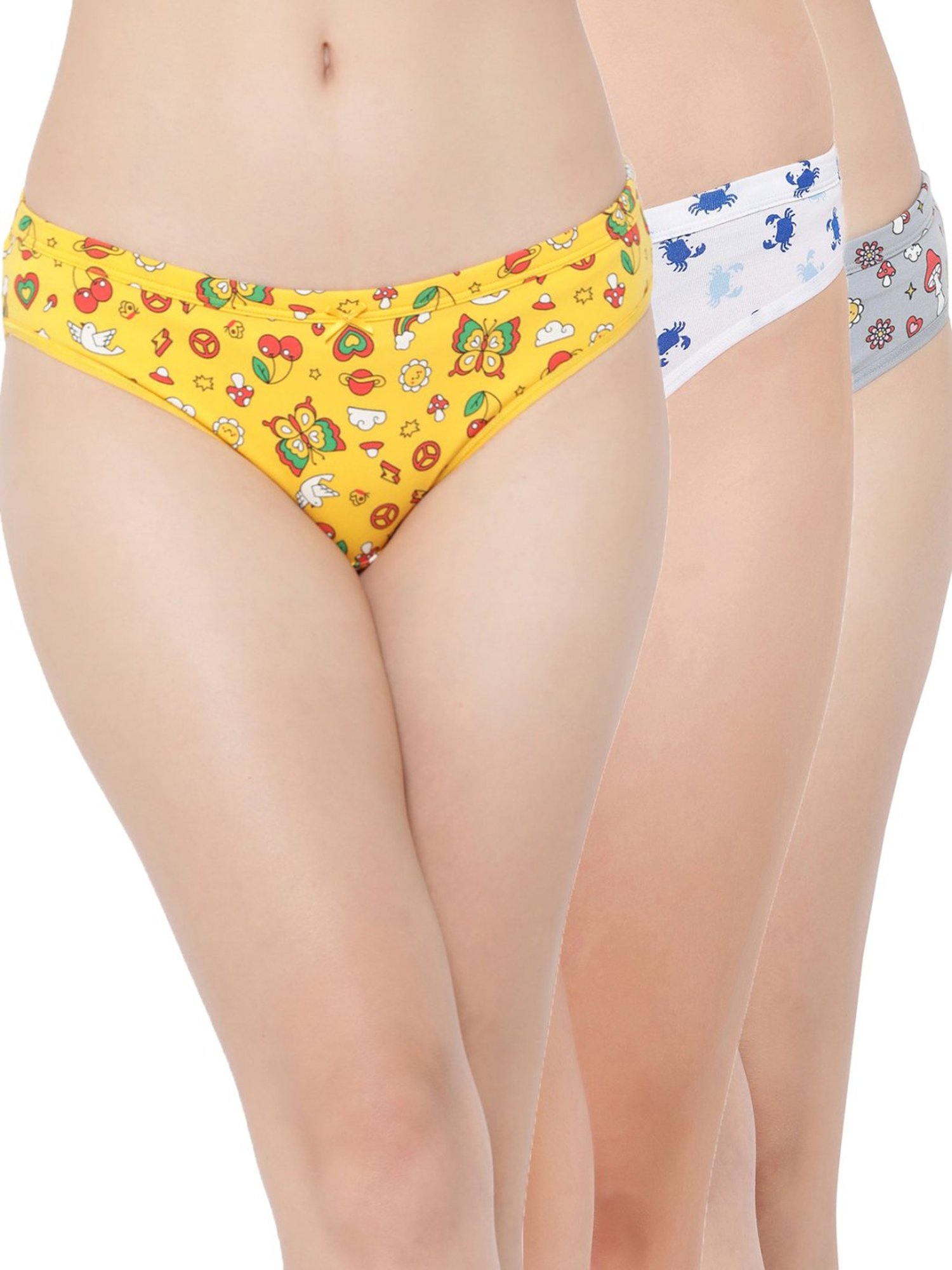 Clovia White & Yellow Cotton Printed Bikini Panties - Pack Of 3