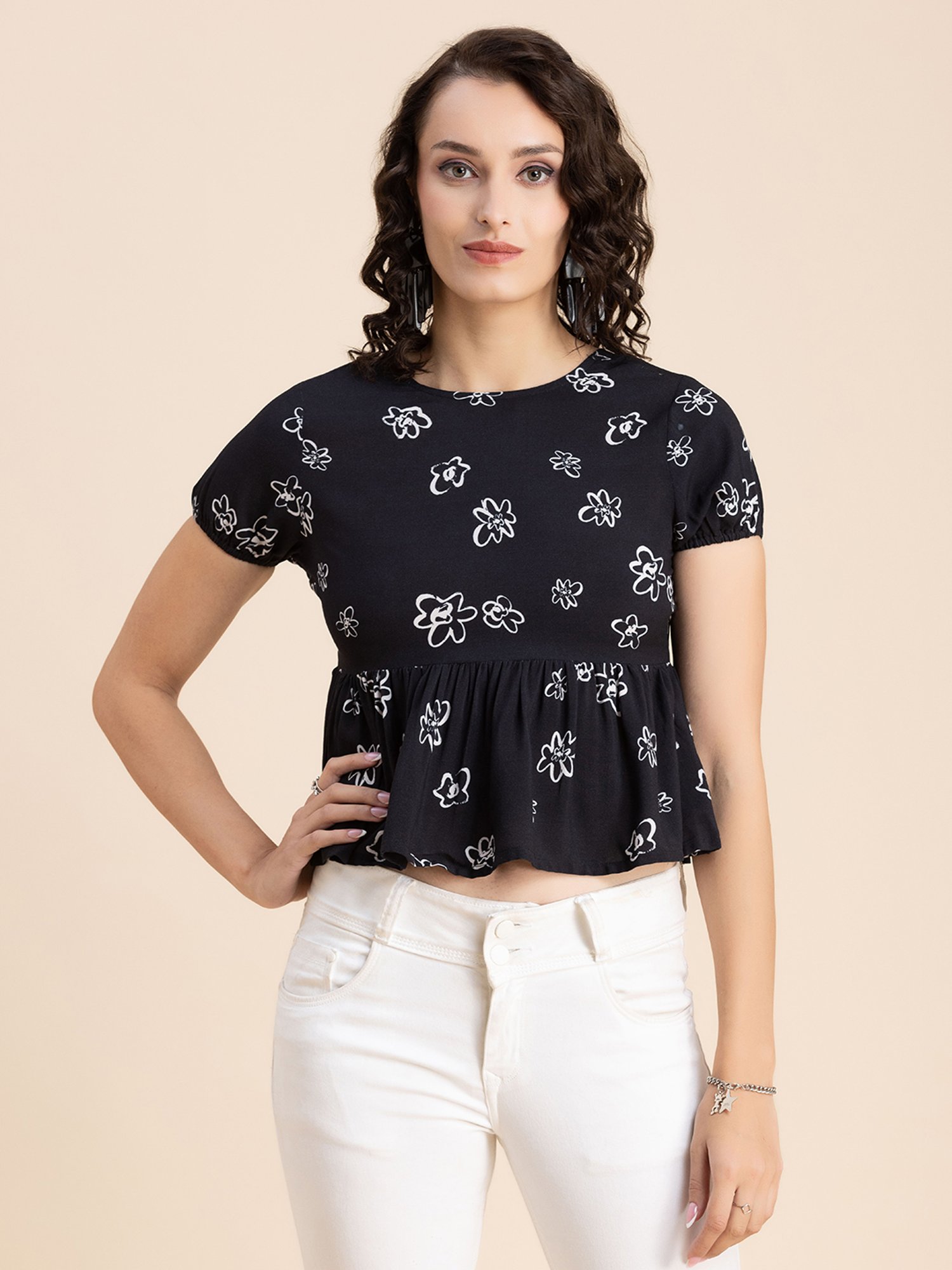 Moomaya Black & White Floral Print Crop Top