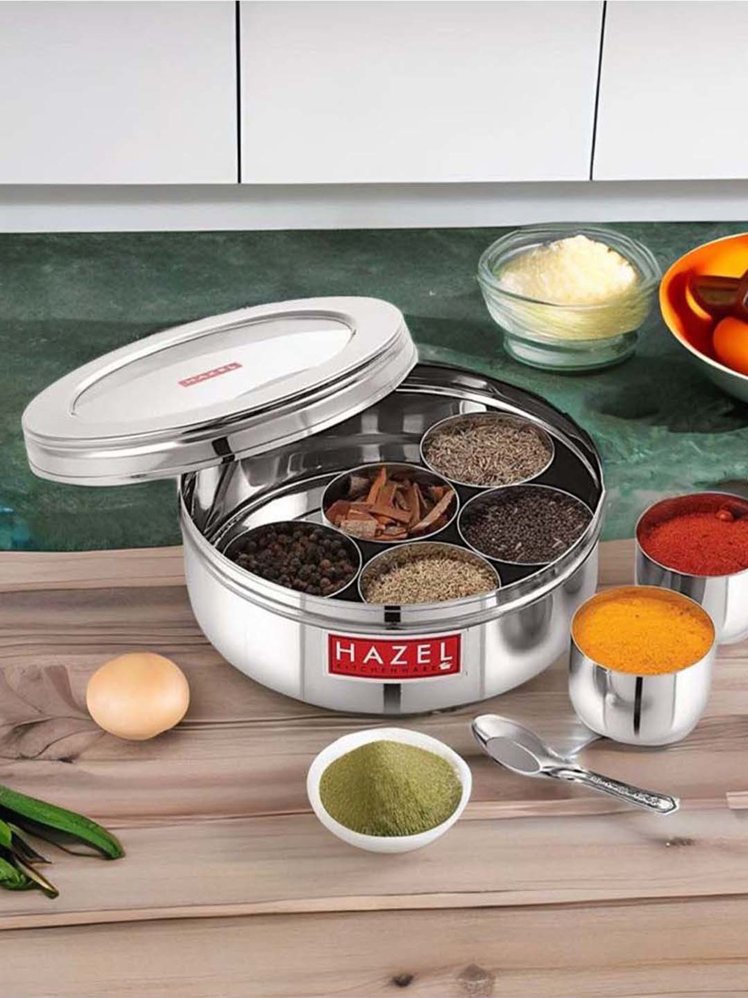 HAZEL Silver Stainless Steel See Through Masala Container Box With 7 Wati & Spoon (1.6 L)